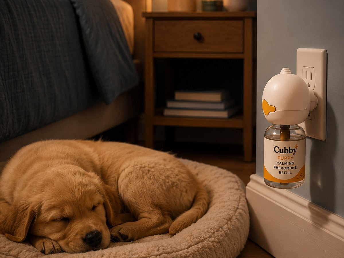 Cubby diffuser plugged in beside a settled puppy