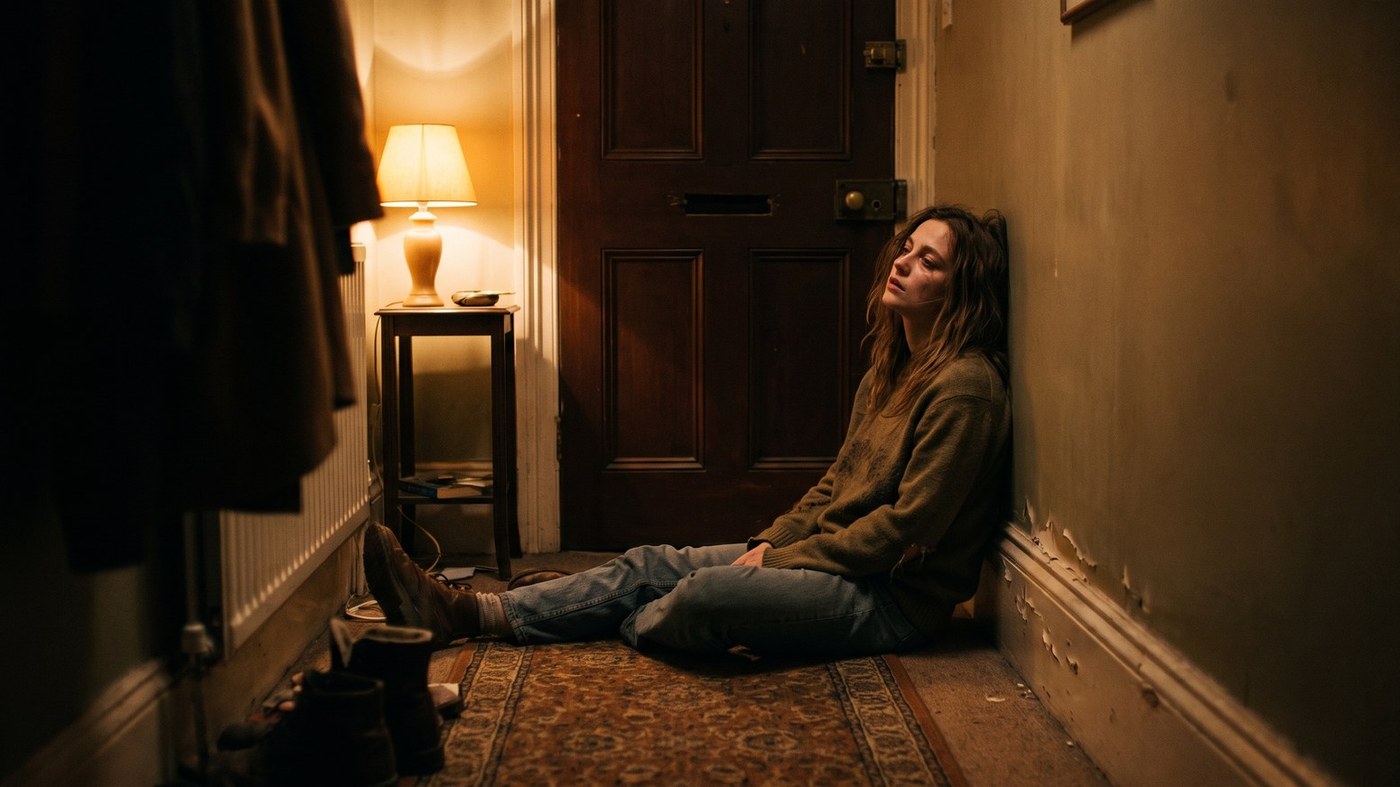 An exhausted owner sitting on the hallway floor beside a closed door at night