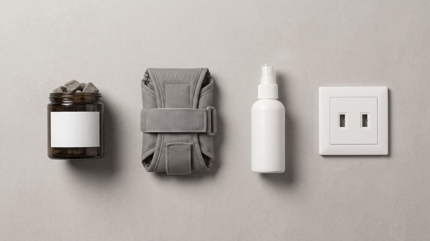 A jar of chews, a folded anxiety wrap, a spray bottle and a plain wall socket in a row