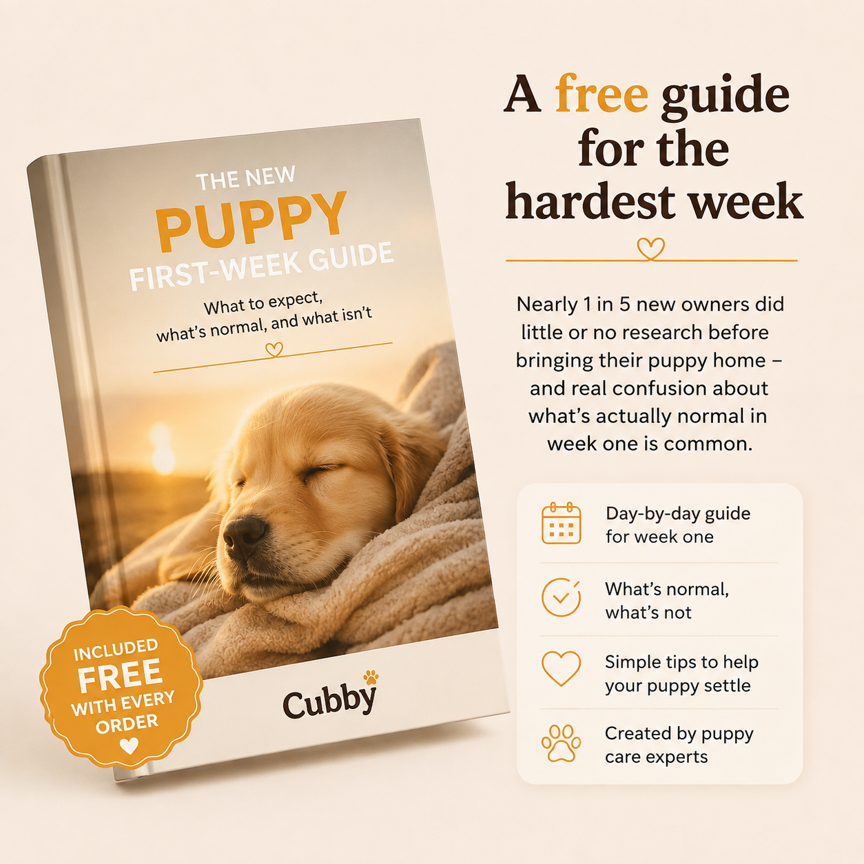 A free guide for the hardest week - the New Puppy First-Week Guide, included free with every Cubby order